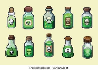 Pixel Art Poison Potion Bottles Collection, green Skull Fantasy Dungeon Game Items. Pixel art poison potion bottles, primarily in vibrant green hues, adorned with skull and toxic warning labels