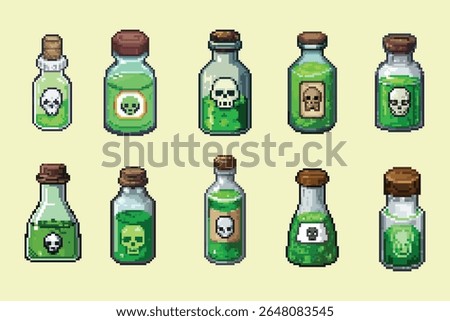 Pixel Art Poison Potion Bottles Collection, green Skull Fantasy Dungeon Game Items. Pixel art poison potion bottles, primarily in vibrant green hues, adorned with skull and toxic warning labels