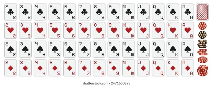 Pixel art poker. Pixelated 8 bit playing cards deck icons with clubs, diamonds, hearts and spades suits symbols and poker chips in retro video game style vector set