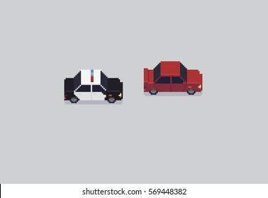 Pixel art police car chasing the red car, isolated on grey background