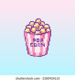 Pixel Art Popcorn Icon. 8 Bit Vector Sticker Or Smile Of Popcorn In Retro 90s Gaming Style. Mosaic Trendy Funky Pixel Bucket Of Popcorn Sign.