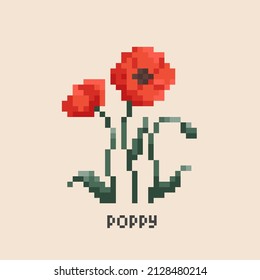 Apertura de Pixel. Vintage 90's juego 8 bits icono de la flor de amapola roja. Patrón de juego de amapola de píxeles vectores.