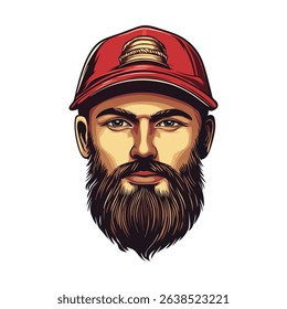 Pixel Art Portrait Bearded Man in Red Cap Illustration