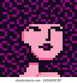 Pixel art portrait of cute girl with curly hair pink tones, 8-bit, female character 80-s, avatar, cartoon vector icon, game user, web profile persons, people, social net portrait, fashion woman face.