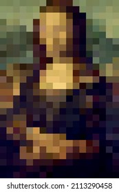 Pixel art portrait of Mona Lisa by artist Leonardo da Vinci in pixel style, vector