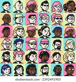 Retrato de arte de píxeles iconos de usuario. Caras de 8 bits, avatares de personas jóvenes pixeladas y personajes de juegos retro ilustraciones vectoriales conjunto de dibujos animados de iconos de personajes