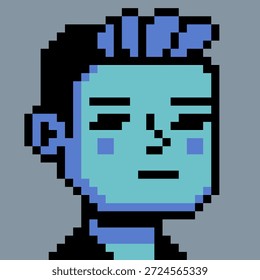 Pixel art portrait of young boy with blue hair, retro 8-bit style character, avatar, profile icon, UI element, sticker, and indie digital project.