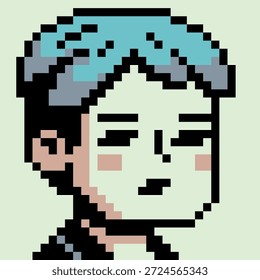 Pixel art portrait of young boy with blue hair, retro 8-bit style character, avatar, profile icon, UI element, sticker, and indie digital project.