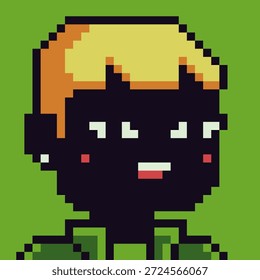 Retrato de arte pixel de menino jovem com cabelo loiro e tom de pele escura retro personagem estilo 8-bit, avatar, ícone de perfil, elemento UI, adesivo, e projeto digital indie