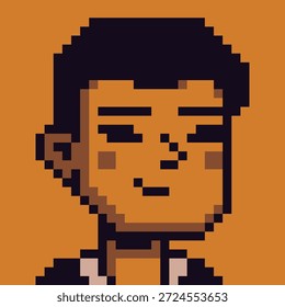 Pixel Art Portrait des jungen Mannes mit kurzen dunklen Haaren und neutralem Ausdruck, Retro-8-Bit-Spielcharakter, Avatar, Profil-Symbol, UI-Element, Aufkleber, Indie-digitale Projekte.