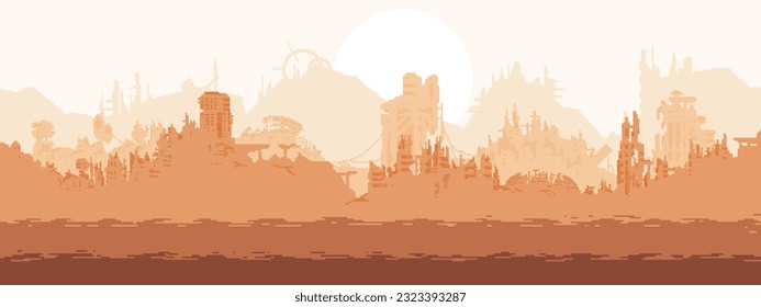 Pixel art post-apocalyptic background. Seamless game background with parallax. 5 layers. Resolution 480x180