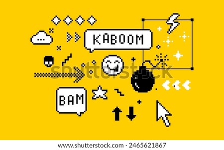 Pixel art poster. Pixel speech bubble, bomb, index, smile, arrow, star, cursor. Text bam, kaboom. Vintage design. Y2k trendy stickers. Mood of 90's aesthetics. 8-bit retro style vector illustration