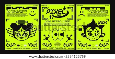 Pixel art poster, y2k trendy elements. Acid set of abstract geometric design elements with retro girl, stars and futuristic items. for posters, print, stickers
