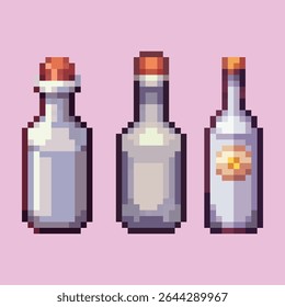 Pixel Art Potion Bottles Collection, Fantasy Game Assets, Set of three distinct pixel art glass bottles in a classic retro video game style