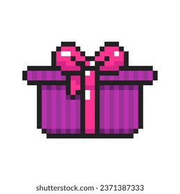 Pixel art present of gift box with bows, 8-bit present package. Pixel gift box with ribbon. Graphics for games, vector illustration in pixel art style.