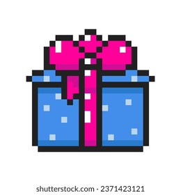 Pixel art present of gift box with bows, 8-bit present package. Pixel gift box with ribbon. Graphics for games, vector illustration in pixel art style.