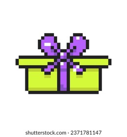 Arte de píxeles presente de caja de regalo con arcos, paquete de regalo de 8 bits. Caja de regalo de píxeles con cinta adhesiva. Gráficos para juegos, ilustración vectorial en estilo de arte píxel.