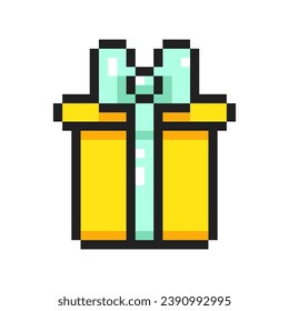 Pixel art present of gift box with bow, 8-bit present package. Pixel gift box with ribbon. Graphics for games, vector illustration in pixel art style.