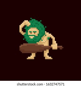 Pixel art primitive ancient cave man holding a club. Vector illustration character. Game asset 8-bit sprite