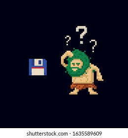 Pixel art primitive ancient cave man confused looking at floppy diskette. Vector illustration character. Game asset 8-bit sprite