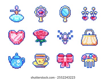 Pixel Art Princess Icon Set. 8 bit lindas pegatinas decorativas - corazón, rosa, espejo, arco, joyería, tetera, perfume, taza, accesorios, estilo de juego retro