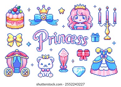 Pixel Art Princess Royal Stickers. 8 bit Cute 90s Gaming Style Pack with Princess, Crown, Carriage, Cake, Bow, Bear, Diamond, Dress, Retro Geek Pixel Art Elements