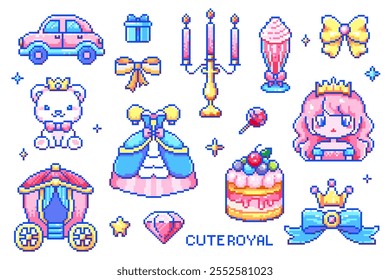 Pixel Art Princess Stickers Pack. Cute 8-bit Royal Themed Elements - princess, crown, carriage, dress, bear, cake, diamond, bows, retro gaming style