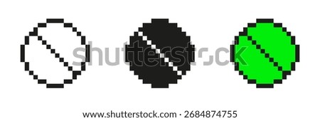 Pixel Art Prohibition Icon Set. Deny And Cancel Symbols In Pixelated Style. Includes White, Black, And Green Variations. Isolated Vector Illustration.