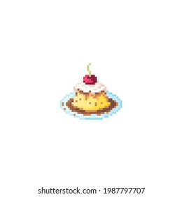 Pixel art pudding icon. Vector retro style japanese pudding symbol for graphic web design, paper or fabric. 8 bit pixel gaming pudding cake icon with cherry top. Cute yummy pixel art pudding vector.
