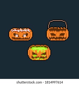 Pixel art pumkin head monster icon set.