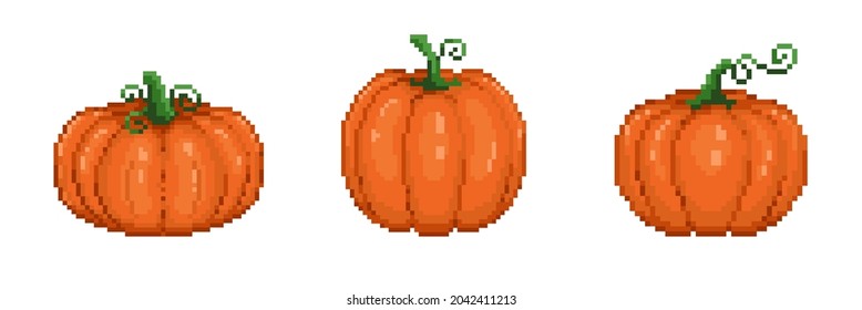Pixel art pumpkins set. 8 bit style icons.