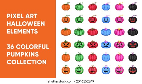 Pixel art pumpkins set. 8 bit collection of halloween decorative elements. Vector illustration.