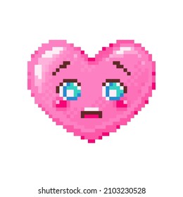 Pixel art puppy dog glossy eyes heart emoji. Vintage 8 bit pixel pink emoticon of begging shy face smile. Cute anime kawaii vector icon. Valentine Day romantic heart-shaped design.
