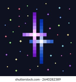 Pixel art purple and blue double star. Star, glitter, sparkles. Pixelated starry sky sign. Space shining object. Videogame icon. 8 bit retro style vector illustration