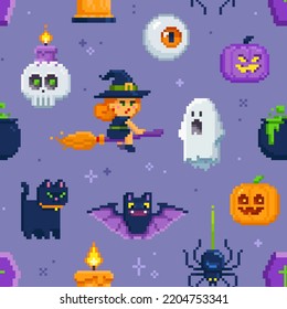 Pixel Art Purple Halloween Seamless Pattern. 8-bit Witch, Ghost, Pumpkin, Bat, Night Cat And Other Characters In Retro Computer Game Style. Cute Endless Cartoon Background For Halloween Design