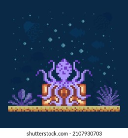 Pixel art purple octopus guarding treasure chest on seabed background. Aquatic animal with tentacles on ocean bottom landscape with seaweeds. Deep sea octopi creature for 8 bit arcade game.