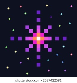 Pixel art purple-pink star. Star, glitter, sparkles. Pixelated starry sky sign. Space shining object. Videogame icon. 8 bit retro style vector illustration