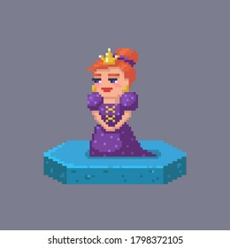 Pixel art queen character. Fairytale personage. Cute vector illustration.