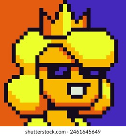Pixel art queen woman with crown, female character princess 8-bit, 80-s, avatar, girl face, cartoon vector icon, game user, web profile persons, people, social net portrait. 