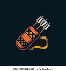 Pixel arte quiver com setas e pulseira de couro, retro fantasia RPG equipamento ícone para inventário, UI, e HUD. Clássico 8 bit ativo de jogo simbolizando combate à distância, habilidades de tiro com arco, e equipamento de aventura.