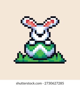 Pixel art of a rabbit coming out of an egg, used for Easter Day celebrations