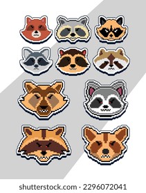 pixel art raccoon face emoji sticker. pixel sticker design