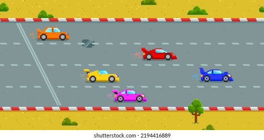Pixel Art Race Game With Sports Cars And Objects In 8-bit Style. Retro Video Game Arcade Background. Pixel Racing Cars. Editable Vector Illustration 