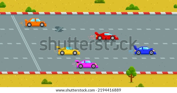 Pixel Art Race game with sports cars and\
objects in 8-bit style. Retro video game arcade background. Pixel\
racing cars. Editable vector illustration\
