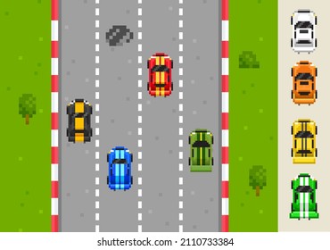 Pixel Art Race game with top view cars and objects in 8-bit style. Retro video game background. Vector illustration