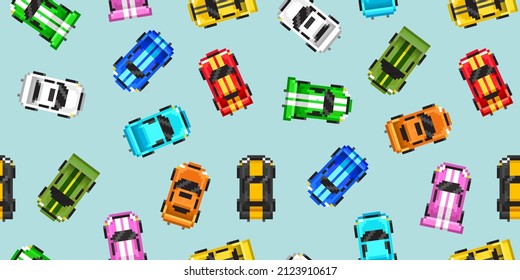 Pixel Art  Racing Cars In 8-bit Retro Game Style - Vector Seamless Pattern. Cartoon Car Toys Endless Background