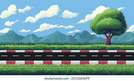 Pixel-Kunst-Rennen Spiel-Ebene Hintergrund, Pixel Retro-Design, 8-Bit-Bild, 2D-Rennbahn, zwischen Gras und Bergen, blauer Himmel, Rennen Arcade Vektorgrafik