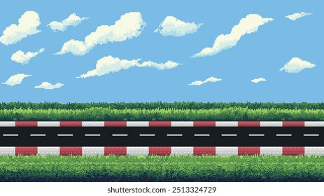 Pixel Art Racing fondo de nivel de juego, diseño retro de píxeles, Imagen de 8 bits, pista de carreras 2D, césped y cielo azul, Ilustración vectorial de arcade de carreras