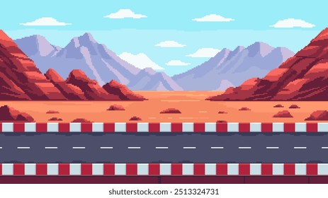 Pixel Art Racing fondo de nivel de juego, diseño retro de píxeles, Imagen de 8 bits, pista de carreras 2D, montañas, cielo azul, Ilustración vectorial de arcade de carreras