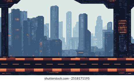 Pixel Art Racing Game Level background, diseño retro de píxeles, Imagen de 8 bits, pista de carreras 2D, carretera con ciudad futurista en el fondo, ciencia ficción, paisaje urbano, Ilustración vectorial de arcade de carreras